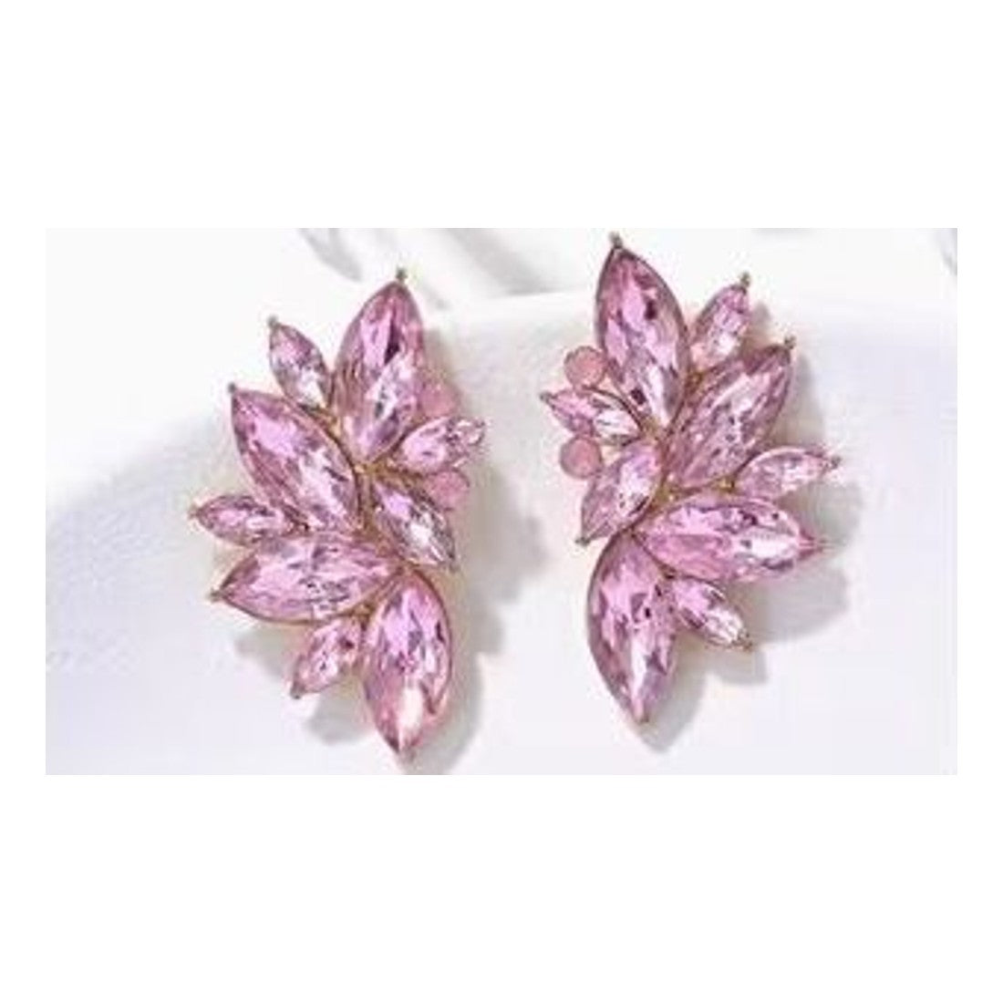 Pink Crystal Leaf Earrings Marquise Rhinestone Statement Studs Gold Tone