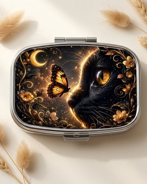 Moonlit Flower Butterfly Black Cat Pill Box