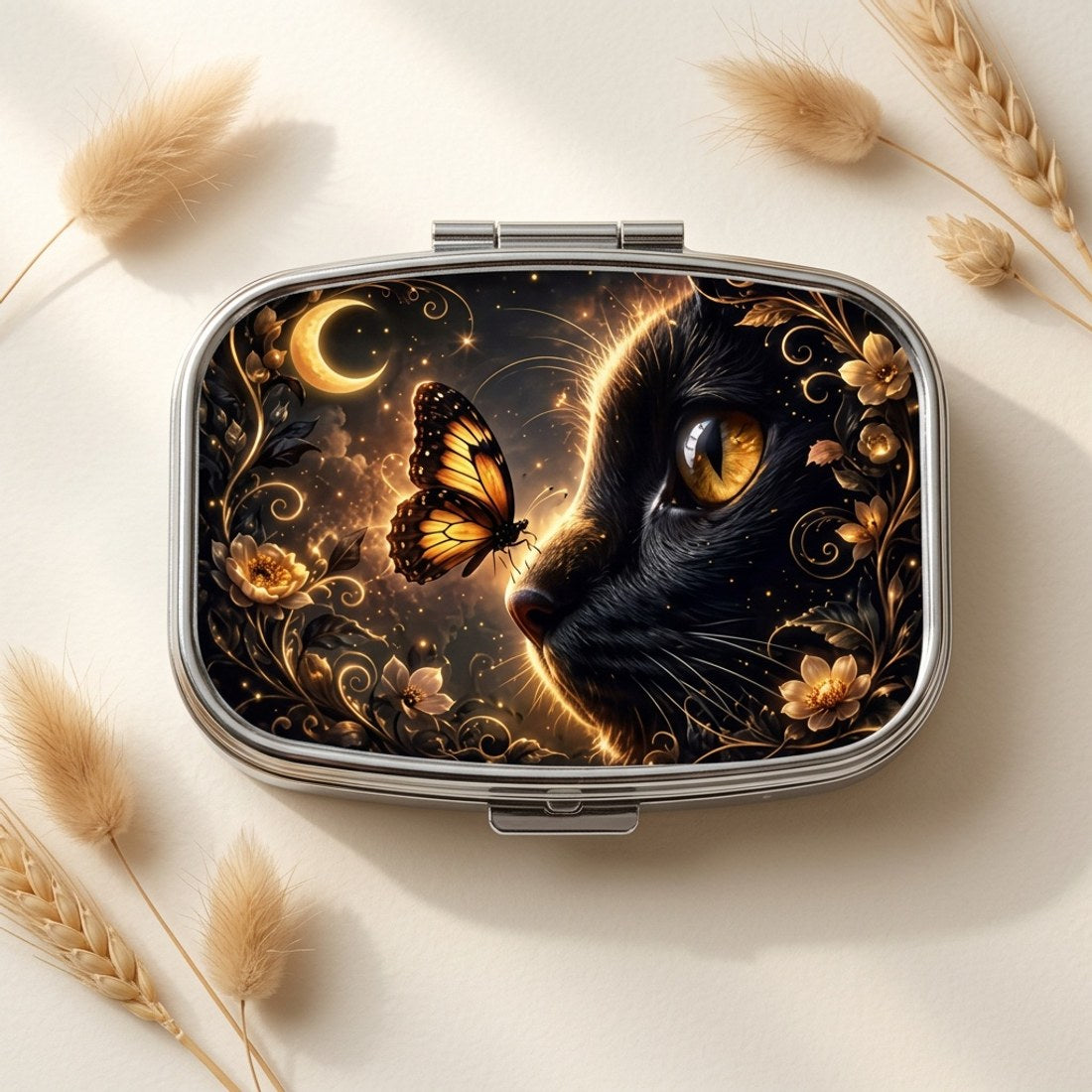 Moonlit Flower Butterfly Black Cat Pill Box