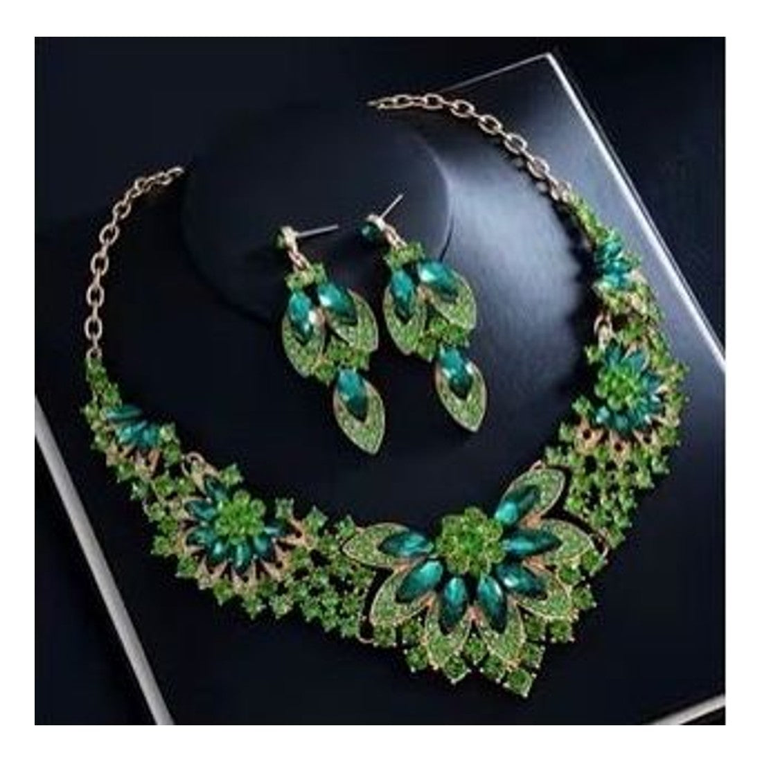 Luxurious Green Crystal Statement Necklace & Earrings Set Gold Tone Bridal