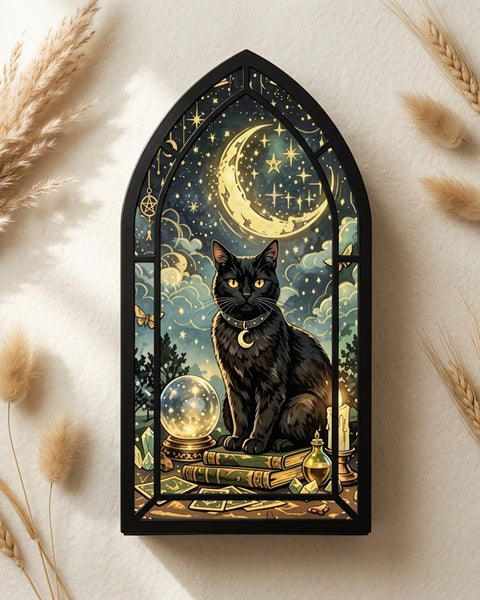Gothic Black Cat Stained Glass Bookend