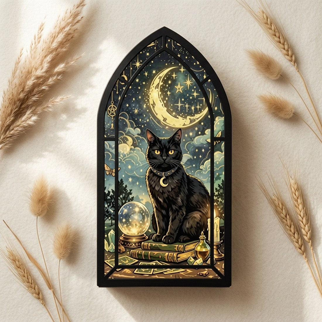 Gothic Black Cat Stained Glass Bookend