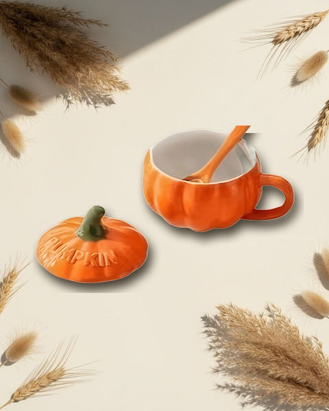 Pumpkin Ceramic Mug with Lid and Spoon