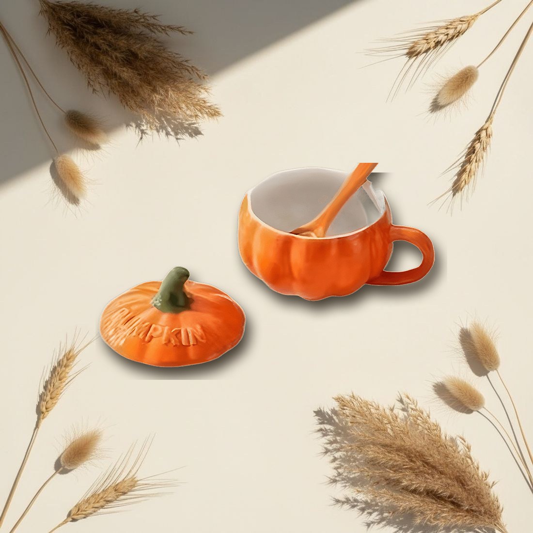 Pumpkin Ceramic Mug with Lid and Spoon
