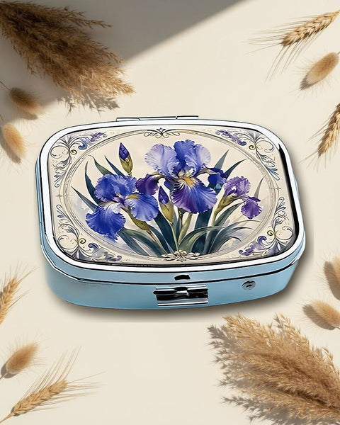 Vintage Light Blue Iris Square Pill Box