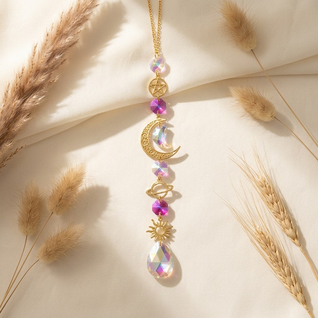 Star and Moon Crystal Suncatcher Pendant