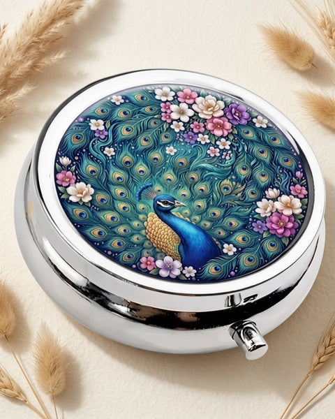 Peacock Floral Pill Box Round 5cm Metal 2 Compartment Travel Tablet Case Gift