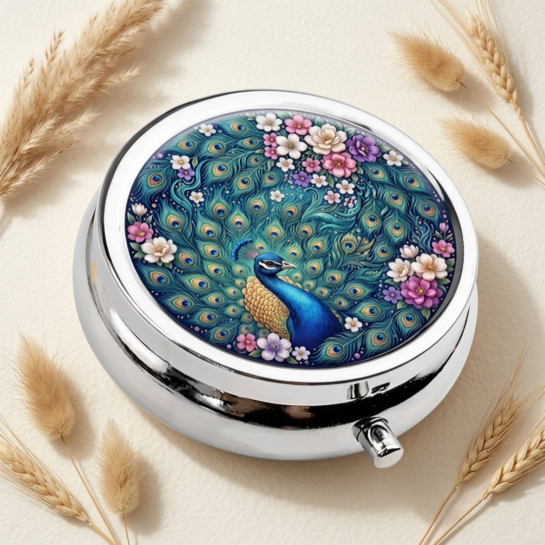 Peacock Floral Pill Box Round 5cm Metal 2 Compartment Travel Tablet Case Gift