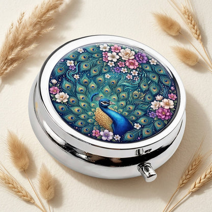 Peacock Floral Pill Box Round 5cm Metal 2 Compartment Travel Tablet Case Gift