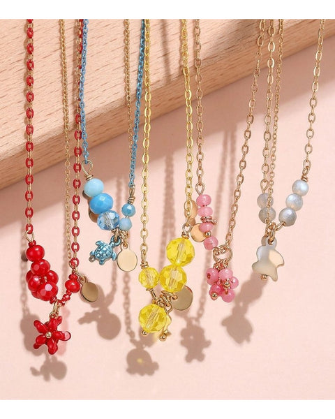 5pc Women's Fashion Pendant Necklace Set Mixed Colour Bead Charm Pack