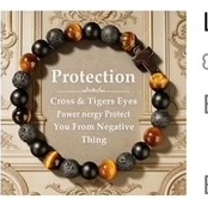 Natural Tiger Eye Bead Bracelet Black Onyx Cross Protection Stretch Wristband