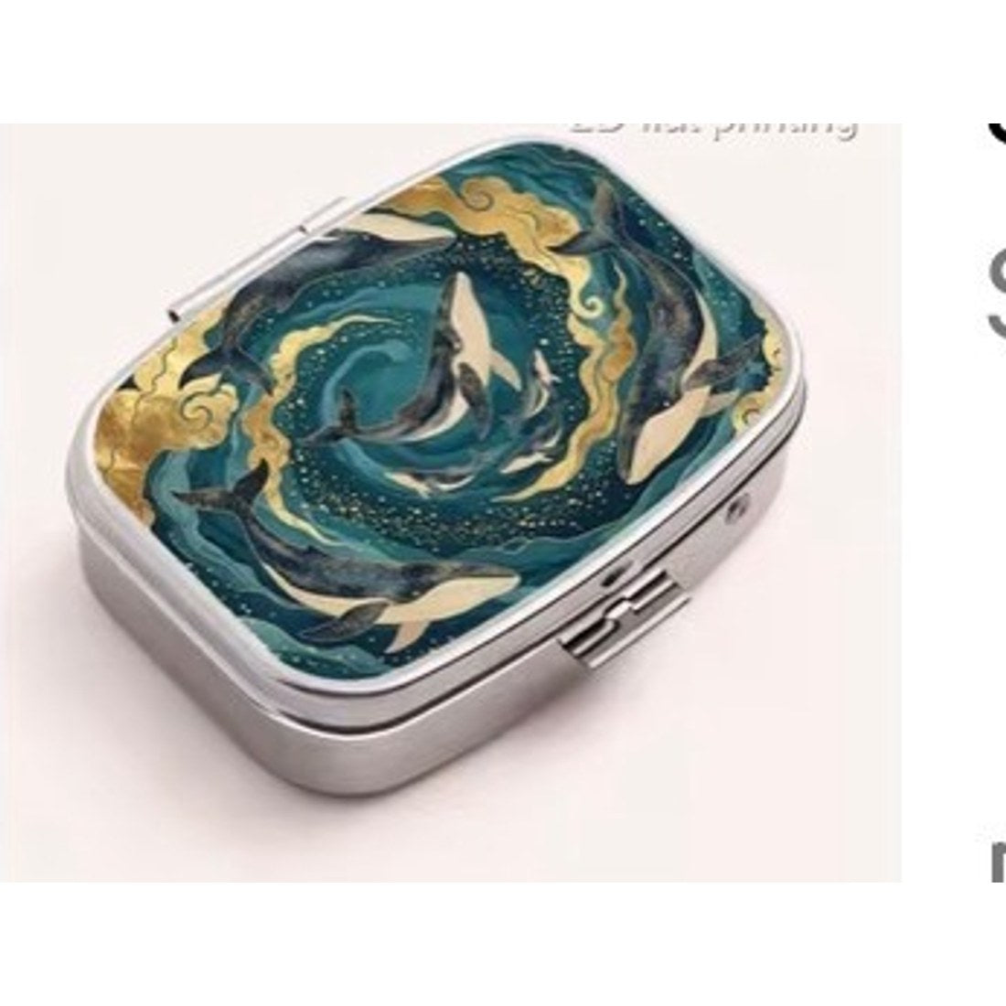Whale Ocean Swirl Pill Box Square Metal Teal Gold Nautical Tablet Case Gift