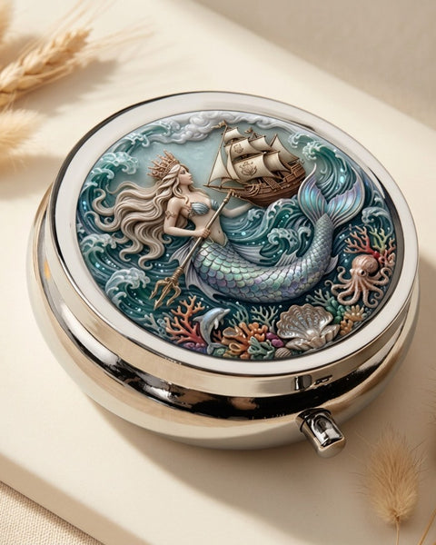 Mermaid and Sailing Ship Pill Box Round 5cm Metal Nautical Ocean Tablet Case