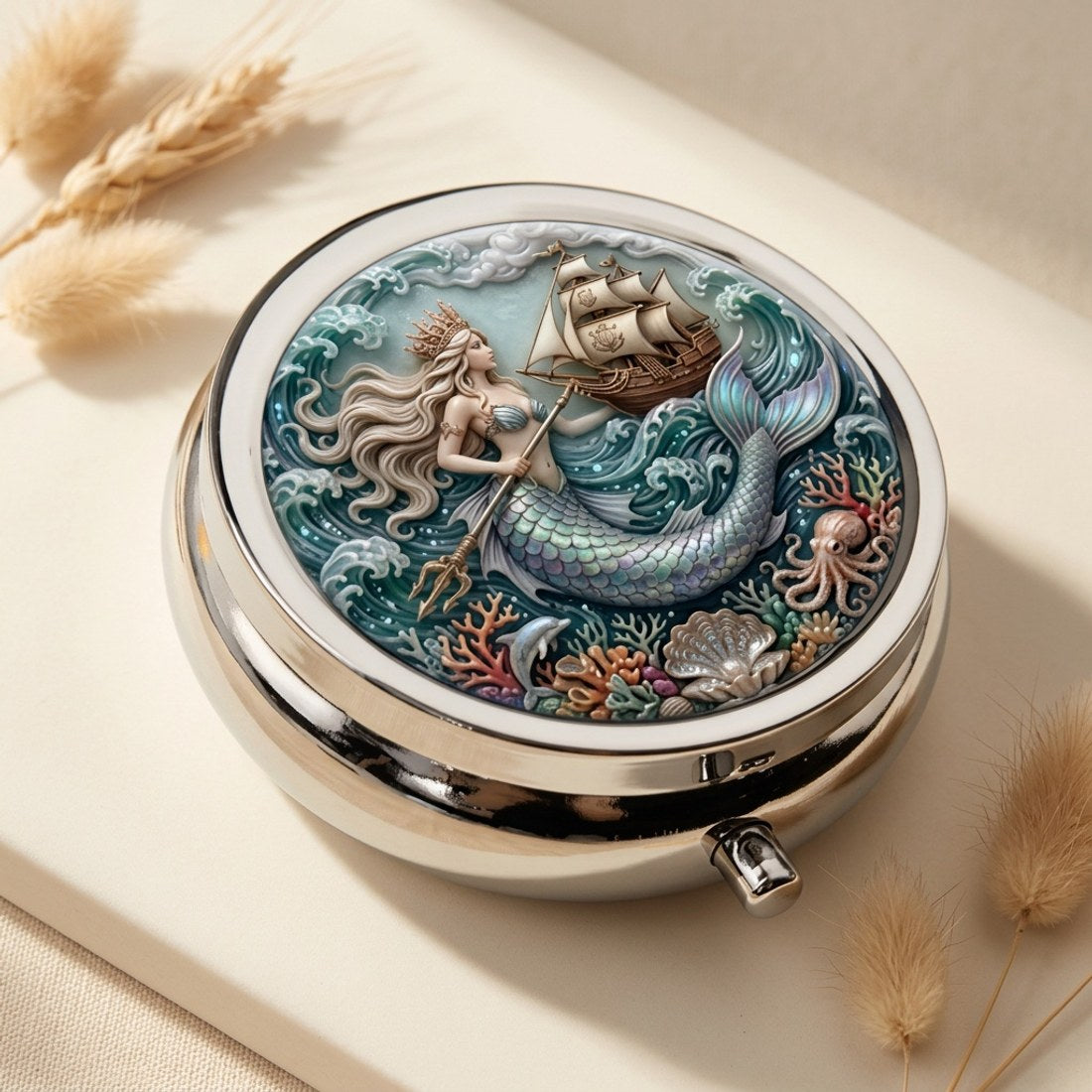 Mermaid and Sailing Ship Pill Box Round 5cm Metal Nautical Ocean Tablet Case