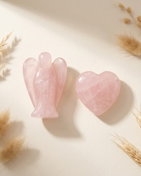 Rose Quartz Angel and Heart Set 2pc