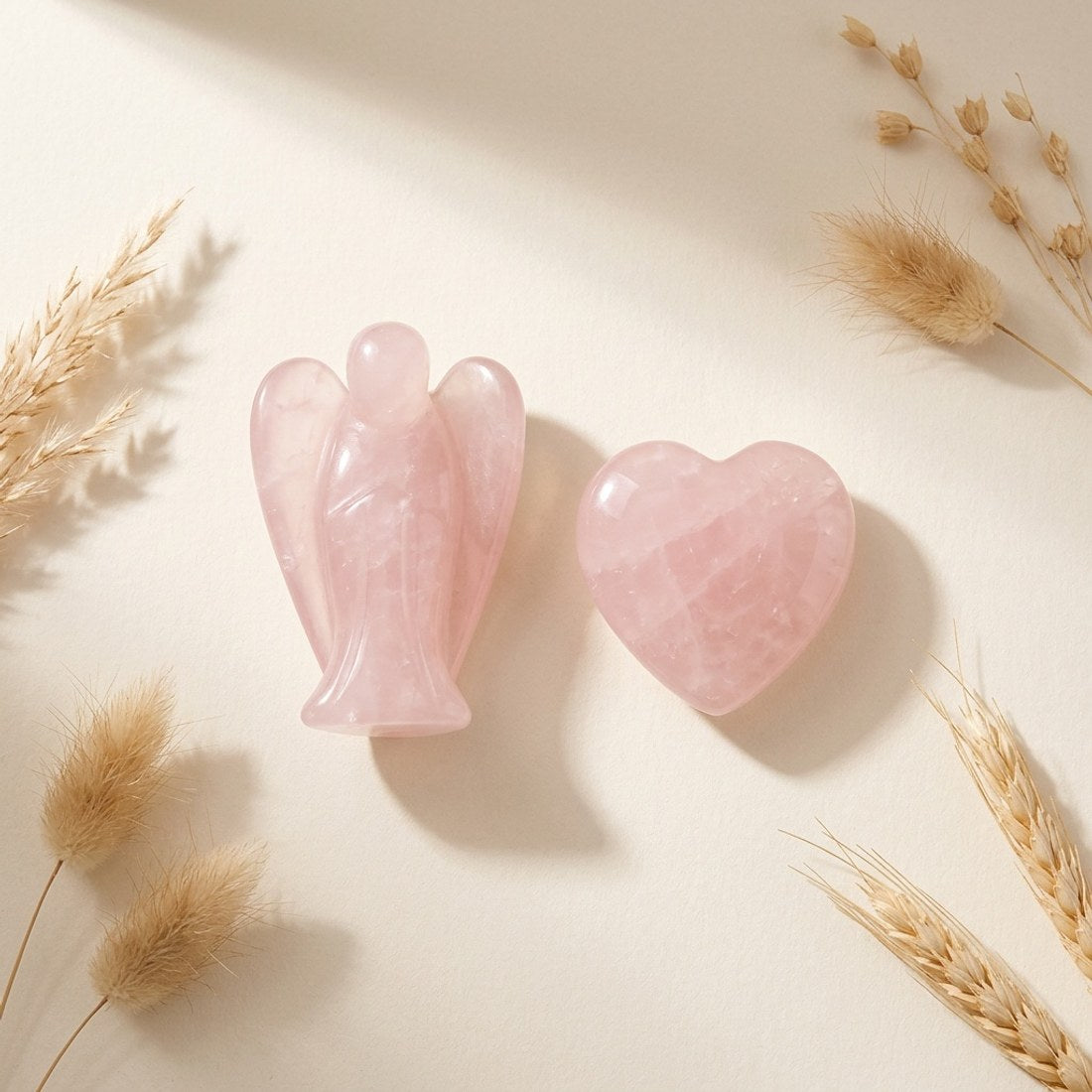 Rose Quartz Angel and Heart Set 2pc