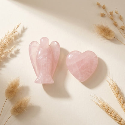 Rose Quartz Angel and Heart Set 2pc