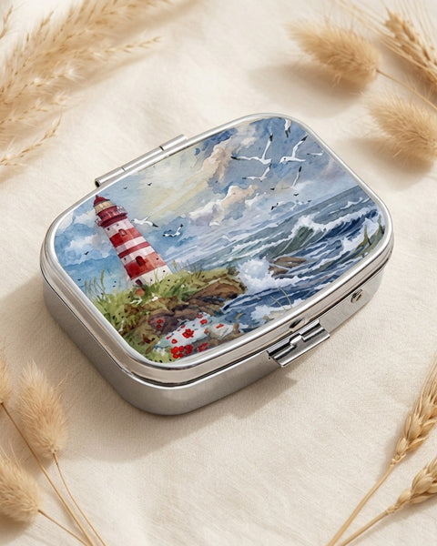 Lighthouse Seaside Pill Box Small 5.5cm Metal Coastal Nautical Tablet Case Gift
