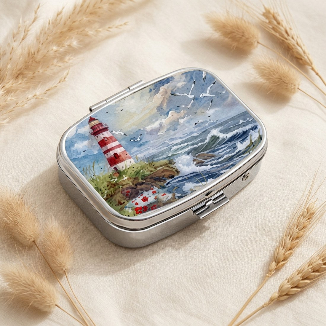 Lighthouse Seaside Pill Box Small 5.5cm Metal Coastal Nautical Tablet Case Gift