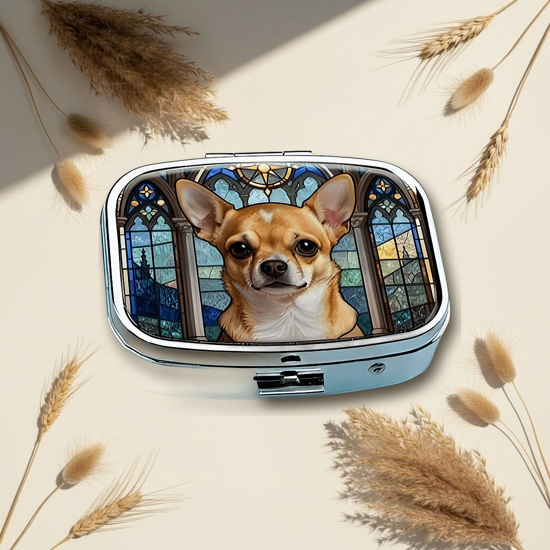 Chihuahua Stained Glass Square Pill Box