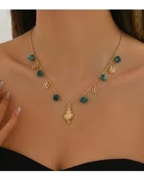 Gold Tone Shell Pendant Necklace Green Bead Layered Dainty Beach Boho