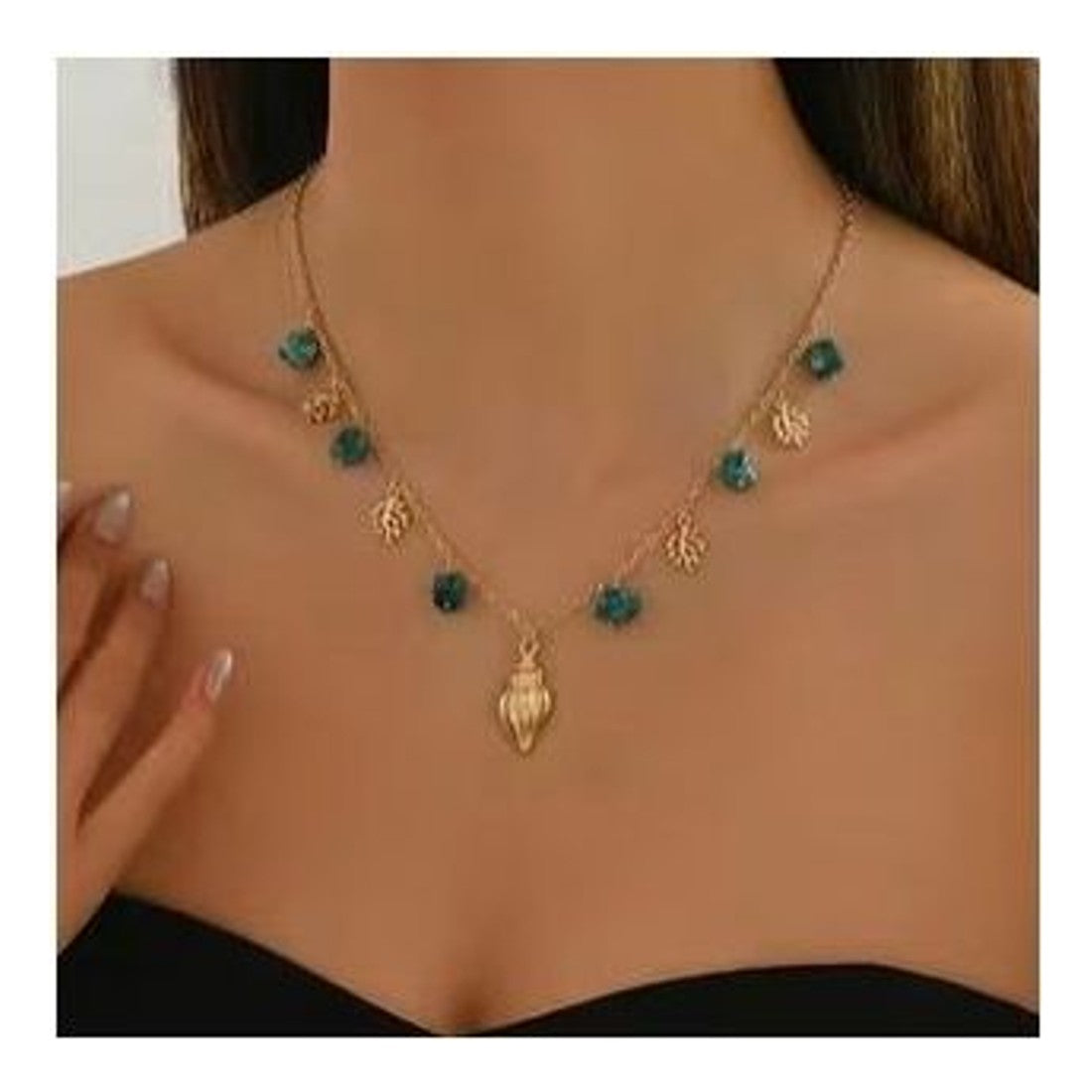 Gold Tone Shell Pendant Necklace Green Bead Layered Dainty Beach Boho