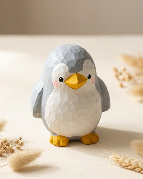 Hand Carved Grey Penguin Figurine Small Resin Ornament Desk Shelf Decor