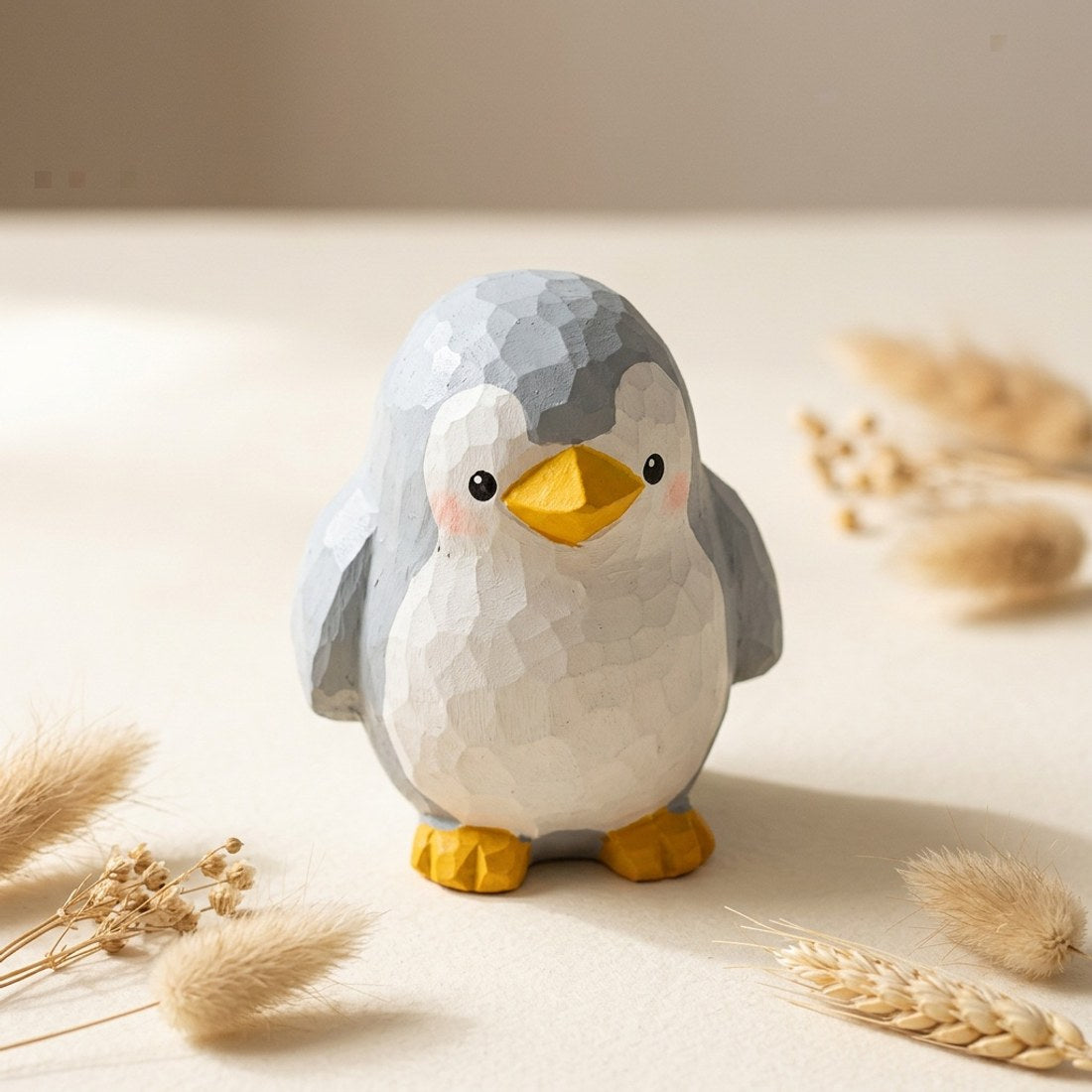 Hand Carved Grey Penguin Figurine Small Resin Ornament Desk Shelf Decor
