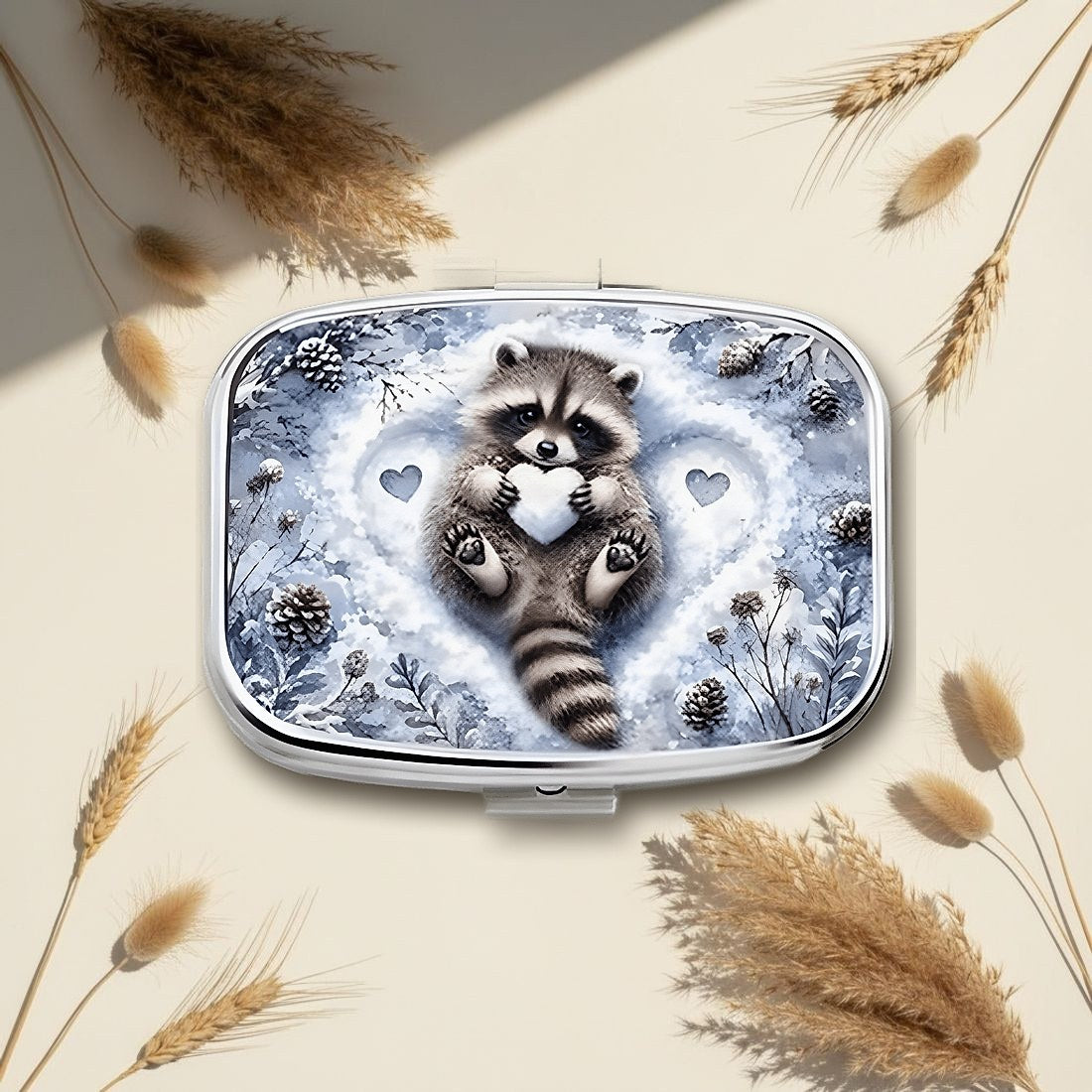 Ice and Snow Raccoon Square Pill Box