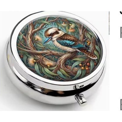 Kookaburra Pill Box Round 5cm Metal Australian Bird Gum Leaves Tablet Case Gift