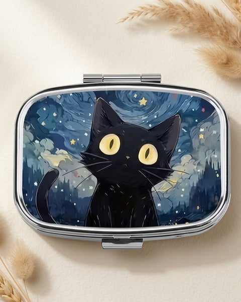 Cat Under The Night Sky Pill Box Metal Hinged Starry Black Cat Tablet Case