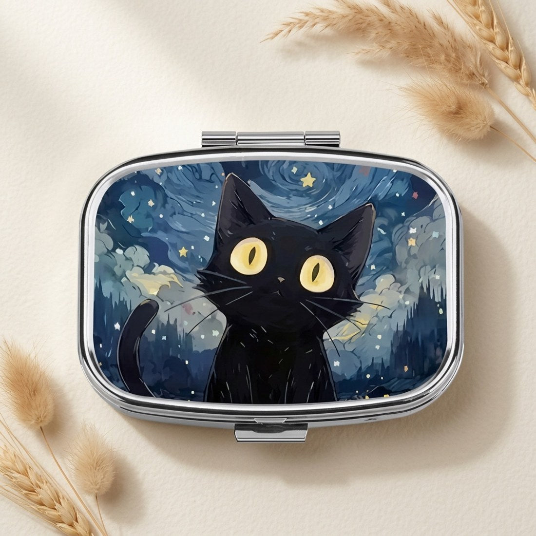 Cat Under The Night Sky Pill Box Metal Hinged Starry Black Cat Tablet Case