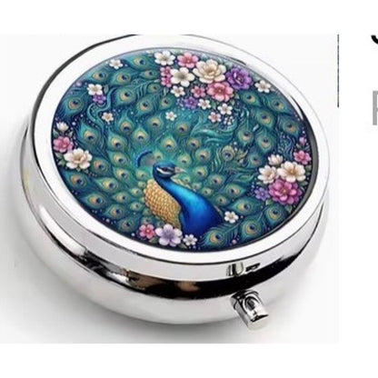 Peacock Floral Pill Box Round 5cm Metal 2 Compartment Travel Tablet Case Gift