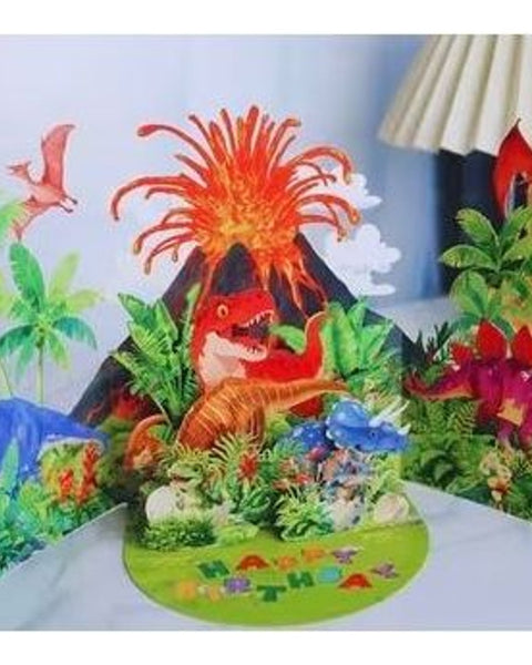 3D Pop-Up Dinosaur Card Volcano Jungle Scene Kids Birthday Greeting Card
