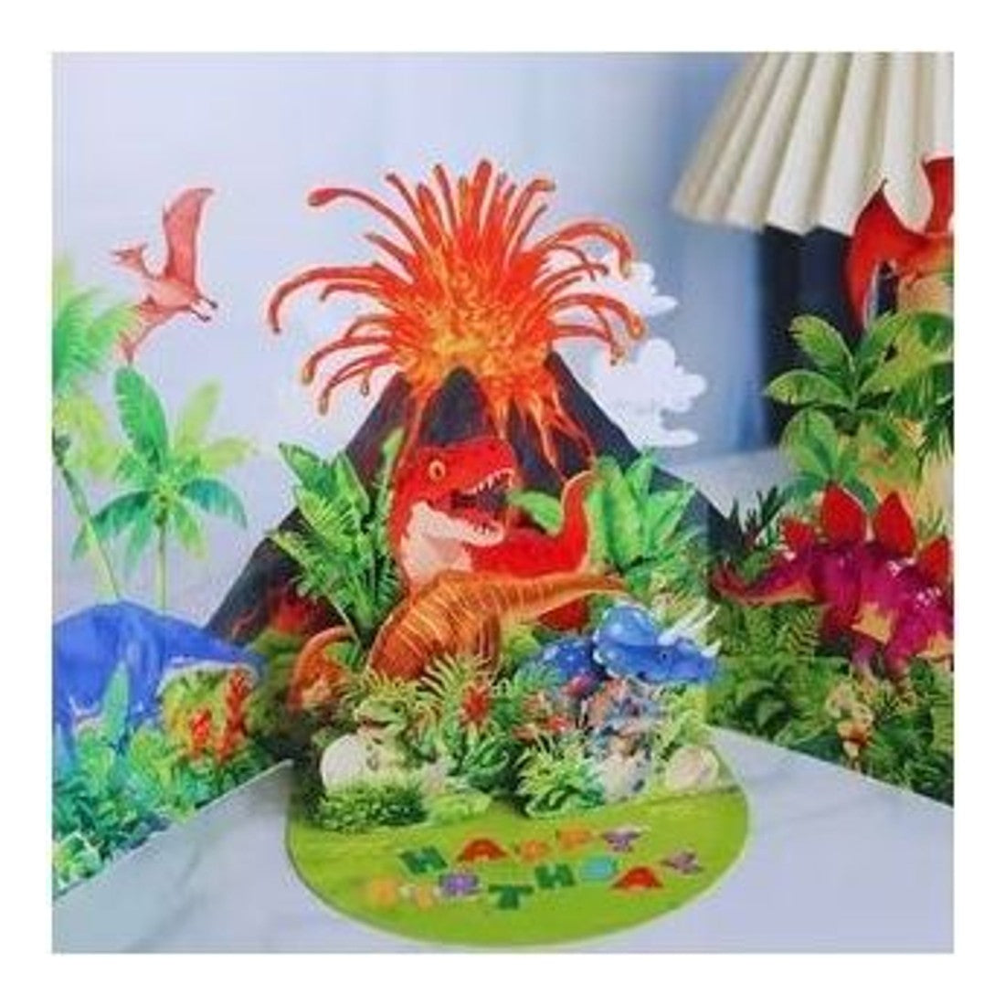 3D Pop-Up Dinosaur Card Volcano Jungle Scene Kids Birthday Greeting Card