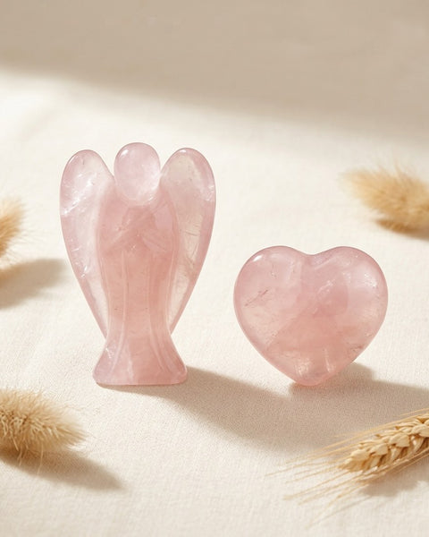 Rose Quartz Pocket Angel and Heart Set 2pc