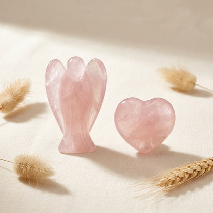Rose Quartz Pocket Angel and Heart Set 2pc