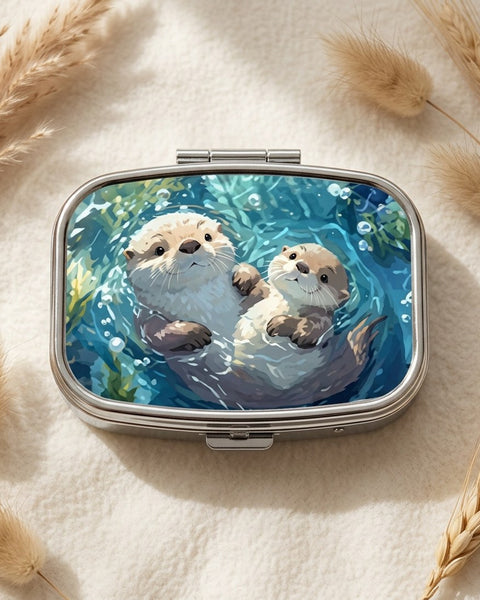 Otter Pill Box Metal Hinged Sea Otters Underwater Animal Lover Tablet Case Gift