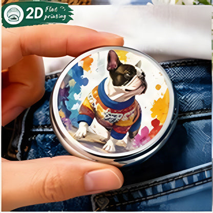 Colourful French Bulldog Flat Round Pill Box