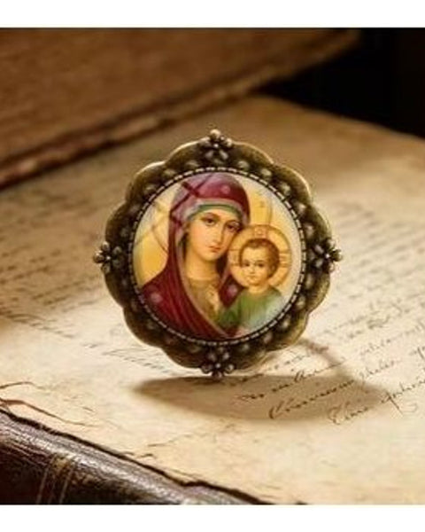 Eastern Orthodox Virgin Mary & Child Icon Brooch Religious Pin