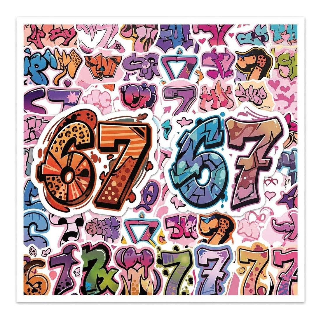 50pc Number 67 Sticker Pack Individually Cut Pink Graffiti Decals
