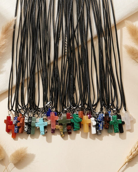 40pc Natural Stone Cross Pendant Lot 20 Pendants 20 Cords Bulk Resale Jewellery