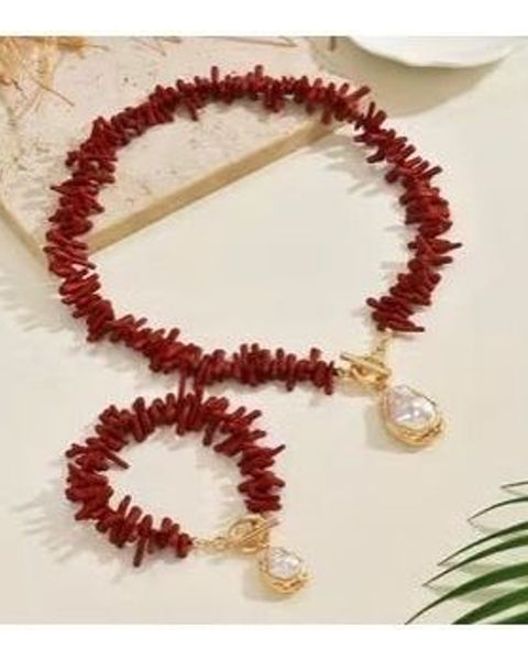 2pc Coral Look Baroque Faux Pearl Set Red Branch Necklace and Bracelet