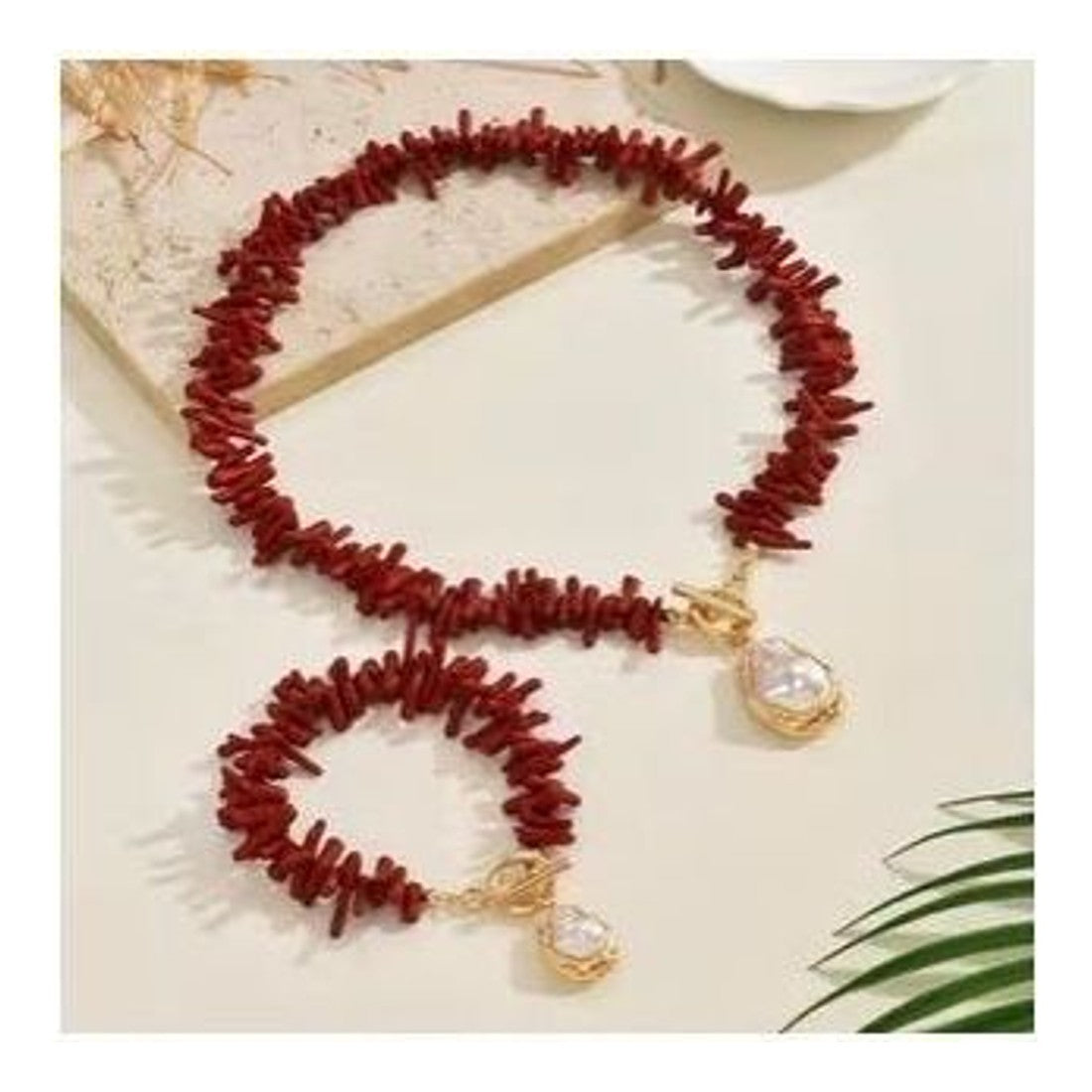2pc Coral Look Baroque Faux Pearl Set Red Branch Necklace and Bracelet