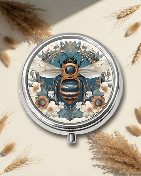 Retro Blue Golden Bee Round Pill Box 5cm
