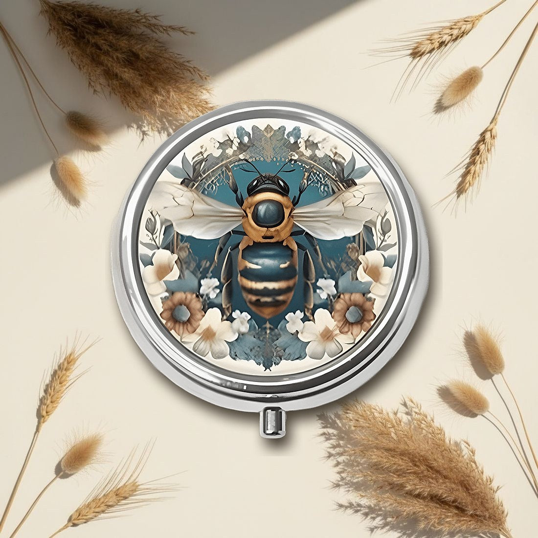 Retro Blue Golden Bee Round Pill Box 5cm