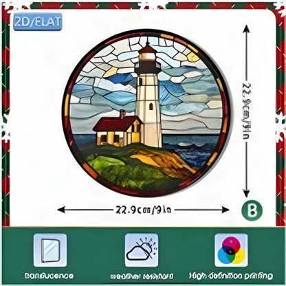 Lighthouse Stained Glass Suncatcher Round 22.9cm Blue Green