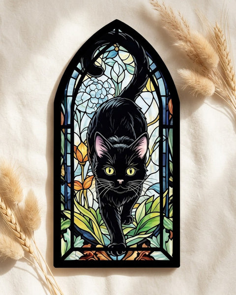Painted Glass Style Black Cat Panel 20cm