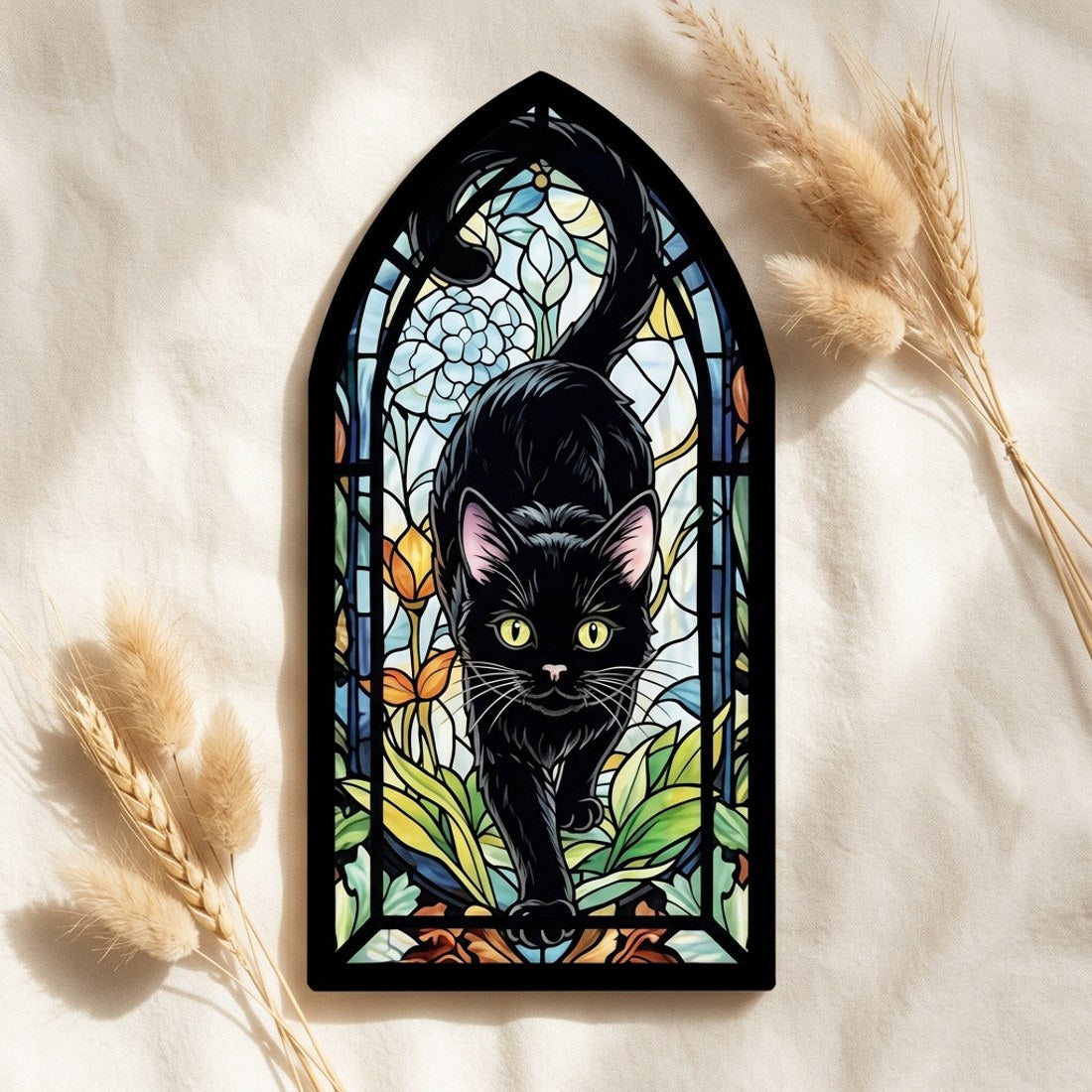 Painted Glass Style Black Cat Panel 20cm