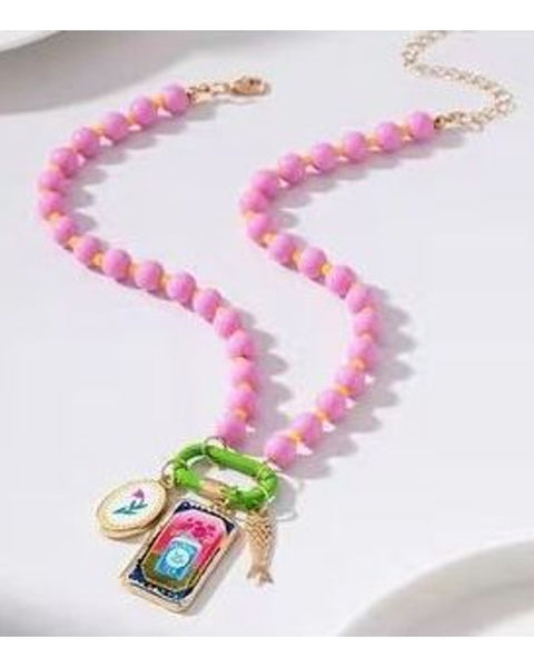 Pink Bead Charm Necklace Bohemian Mermaid Pendant Gold Tone Statement
